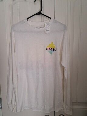 PacSun White Long-Sleeve 'VIBES' Graphic Tee Beachy Sun & Waves Casual Top Men S